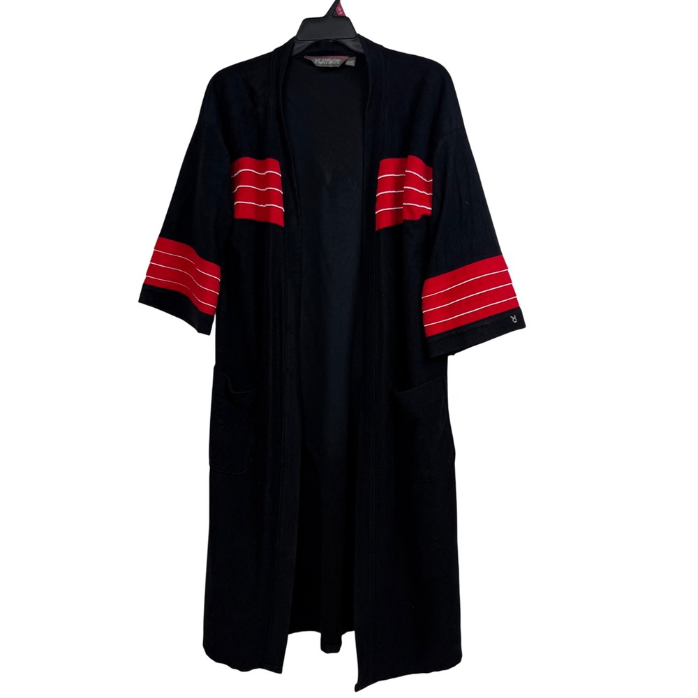 Vintage Playboy Men's Robe Black‎ Red Striped Sleeve Logo 70s Made in USA